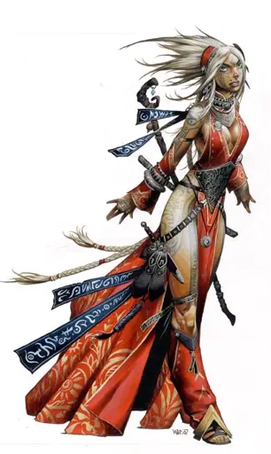 The iconic Pathfinder sorceress Seoni, a human woman with white hair and a flamboyant red dress.