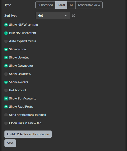 Screenshot of account settings, showing "Show Bot Accounts" highlighted