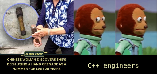 A Mastodon post: "Digging through my phone for a picture and found this". An image on the left depicts: "A Chinese woman discovers she's been using a hand grenade as a hammer for last 20 years." An image on the right is an awkardly shifty-eyed monkey puppet with the caption "C++ engineers."
