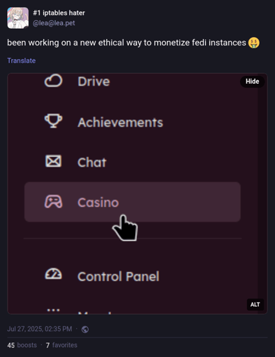@lea@lea.pet on Sharkey: "been working on a new ethical way to monetize fedi instances 🤑" with an image of Sharkey sidebar with a 'Casino' entry.