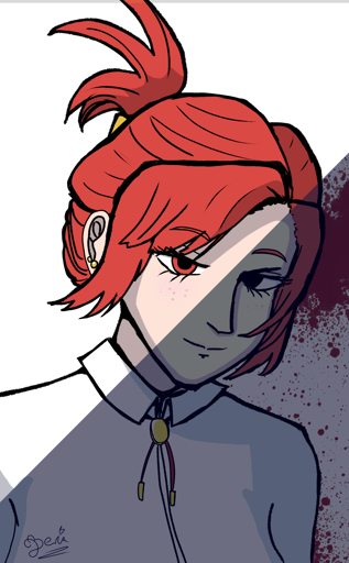 Fanart showing a portrait shot of the protagonist Morgan smiling at the viewer. The image is split in two by a shadow. In the dark half, one of her eyes is black and there are blood splatters in the background.