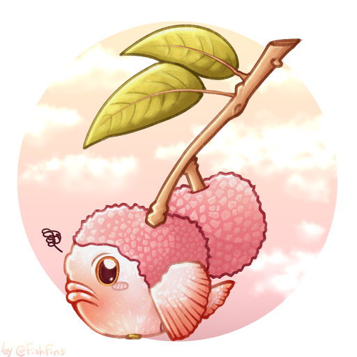 A drawing of pinkish lychees hanging on a branch with two leaves. One of the lychees has its fruit inside exposed, showing a grumpy-looking fish, orange eyes, a reddish gradient and skin resembling the inside of a lychee. The background is an orange-pink gradient in a circle with fluffy white clouds.