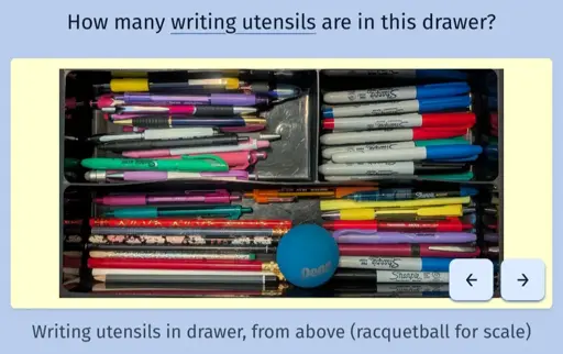 A screenshot of the daily game Estimate Me showing a drawer filled with writing utensils and a single racquetball