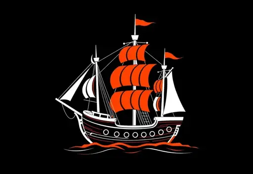 A pirate ship simple strong lines, black background with orange-red and white foreground, monochrome