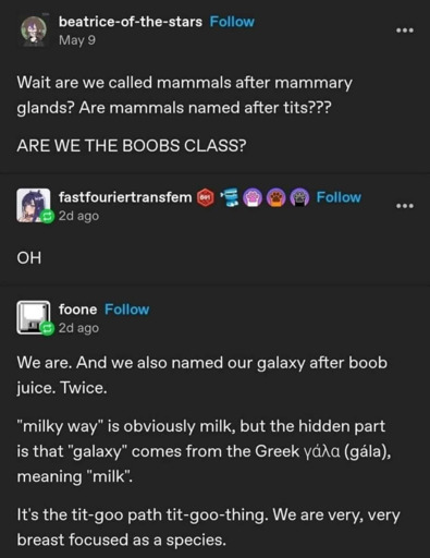 "Wait are we called mammals after mammay glands? Are mammals named after tits??? ARE WE THE BOOBS CLASS? - We are. And we also named our galaxy after boob juice. Twice. "milky way" is obviously milk, but the hidden part is that "galaxy", from the Greek "gala", meaning "milk".