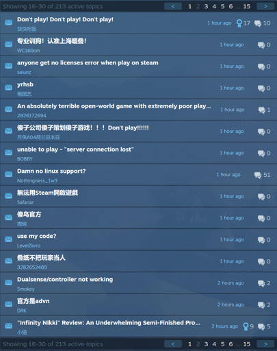 Screenshot of the Infinity Nikki steam Community, showing several threads by chinese players sayingnot to play the game.