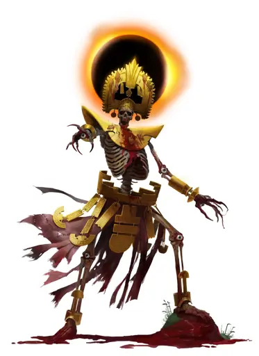 A "Tzitzimitl" from the "Pathfinder Monster Core 2" - a skeleton dressed in Aztec-style armor standing before an eclipse.