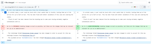 Screenshot of a diff for documentation. From: "we try to introduce breaking changes..." to "we try to avoid introducing breaking changes..."