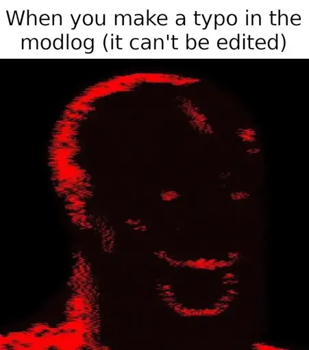 Cartoony caricature of a person made to look anguished captioned with: "When you make a typo in the modlog (it can't be edited)".